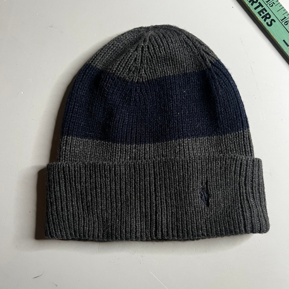 Polo Ralph Lauren Mens Ribbed Knit Beanie Hat Grey Navy Blue Striped One Size
